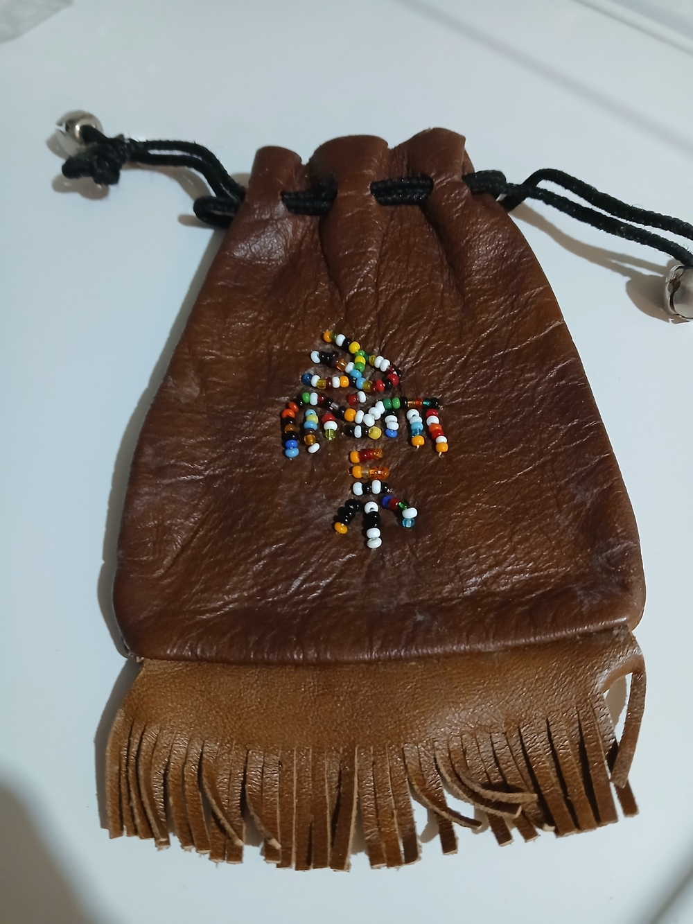 Brown Leather Beaded Fringe Drawstring Pouch Authentic Native American Handmade